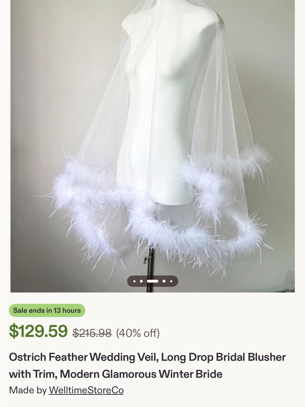 Ostrich Feather Bridal Veil in White - Picture 1 of 3